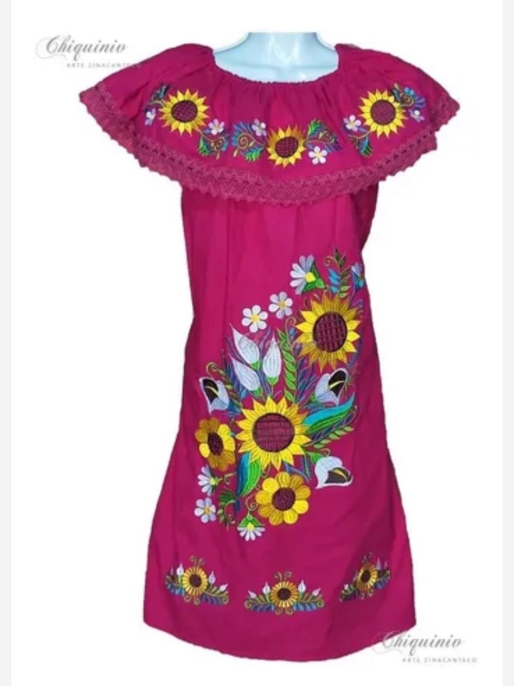 Traditional Mexican sunflower lilly pink lace trimmed‎ midid dress EUC M